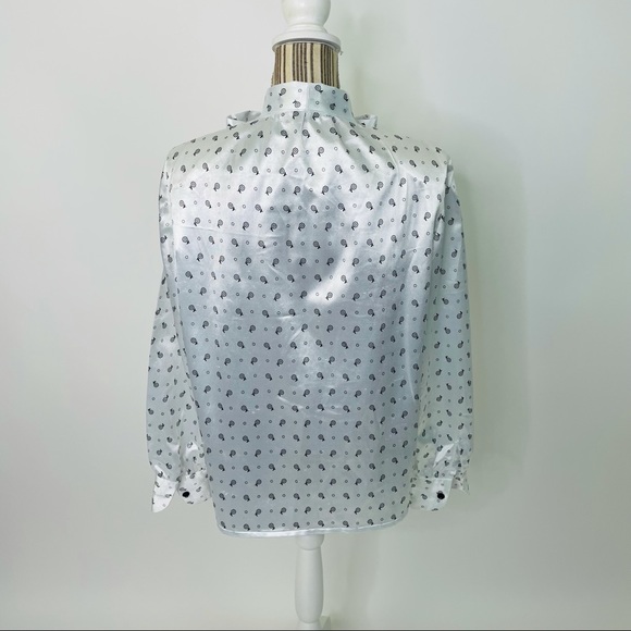 Vintage 70s 80s Handmade Mod Novelty Print Pussy-Bow Button Front Blouse Medium - Picture 7 of 9